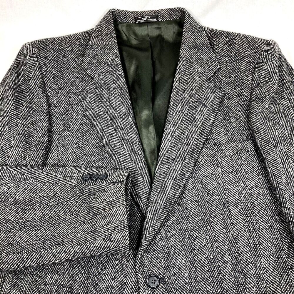 Barrington Vintage Tweed Wool Sport Coat Herringbone 42 44 Gray Black Preppy 70s